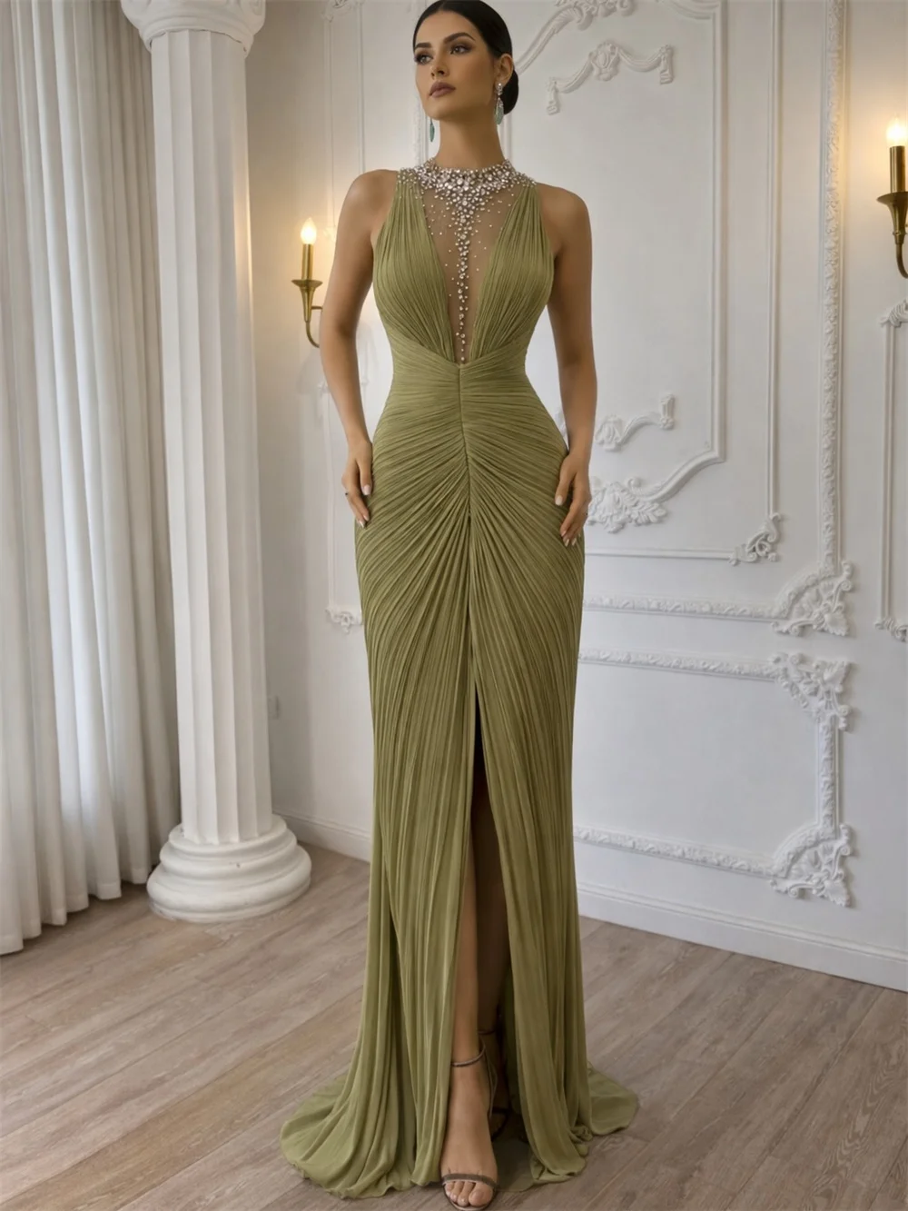 Vestidos de Noche Contessa Personalizados con Cuello en V, Sin Mangas, Pliegues Multicapa, Estilo Sirena, Cintura Ajustada, para Eventos Formales 2026
