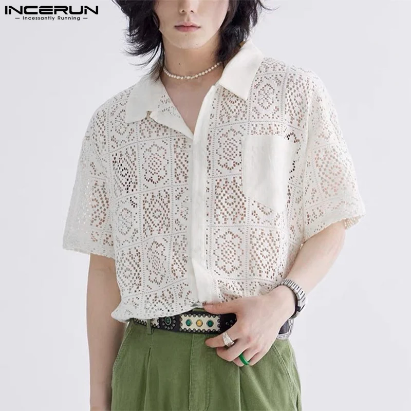 INCERUN Men's Shirt Lace Transparent Lapel Short Sleeve Sexy Fashion Men Clothing Streetwear 2024 Korean Casual Shirts S-5XL