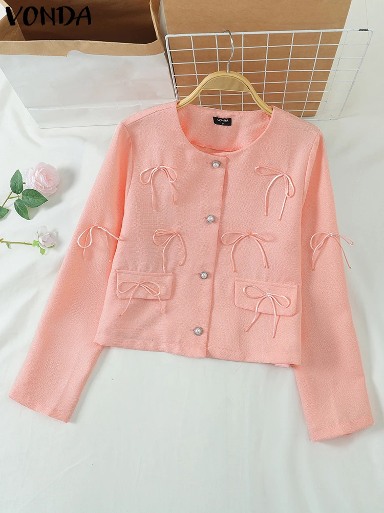 سترة نسائية بأكمام طويلة لعام 2025 معاطف بلون واحد بدل بفيونكة عتيقة ملابس كبيرة الحجم برقبة دائرية ملابس نسائية فوندا