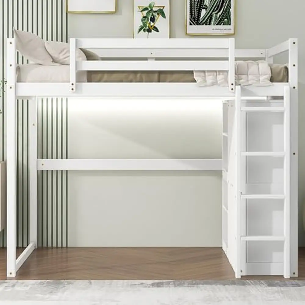 

Full Size Loft Bed Frame with LED Light Wardrobe Shelves Kids Teens Adults Space Saving Storage High Guardrails Solid Wood Pine