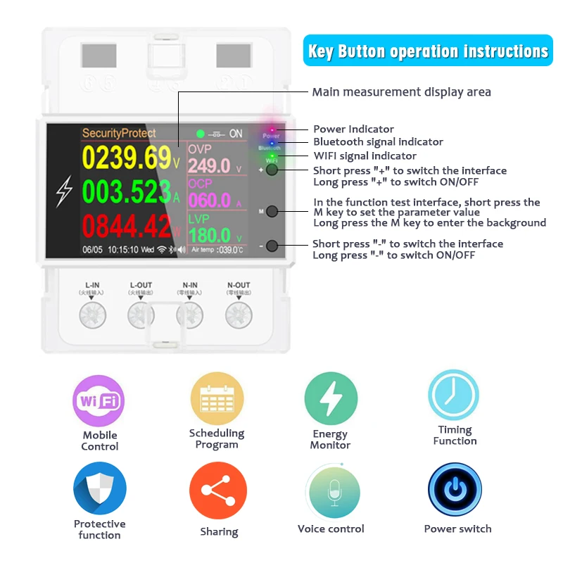 AT4PW 100A Tuya WIFI Din Rail Smart Switch Remote Control AC 220V 110V Digital Power Energy Volt Amp Kwh Frequency Factor Meter