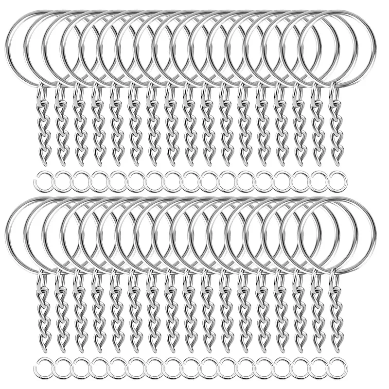 50 PCS Key Rings with Chains - 25mm Diameter Buckle Chains - Silver Key Rings with Diameter Chains - 4 Chains