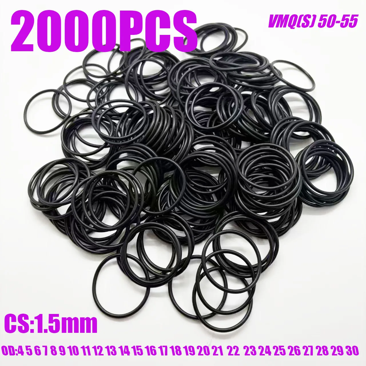 2000pcs White Black Red Silicone Sealing O-ring, CS1.5mm, OD4 5 6 7 8 9 10 11 12 13 14 15 16 17 24 25 26 27 28 29 30
