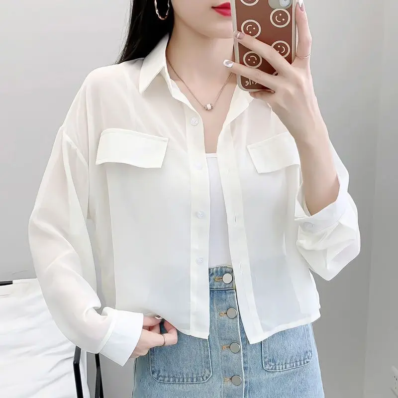 See-Through Mesh Chiffon Oversize Cropped Shirt With Pocket Women Long Sleeve Youthful Casual Blouse Female Fashion Top