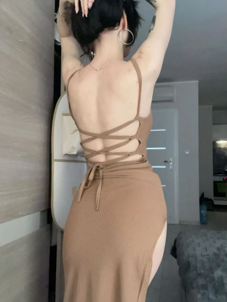 Seksowna sukienka letnia na ramiączkach spaghetti z odkrytymi plecami, bez rękawów, z wysokim rozcięciem, obcisła, elegancka sukienka wieczorowa na imprezę, vestidos