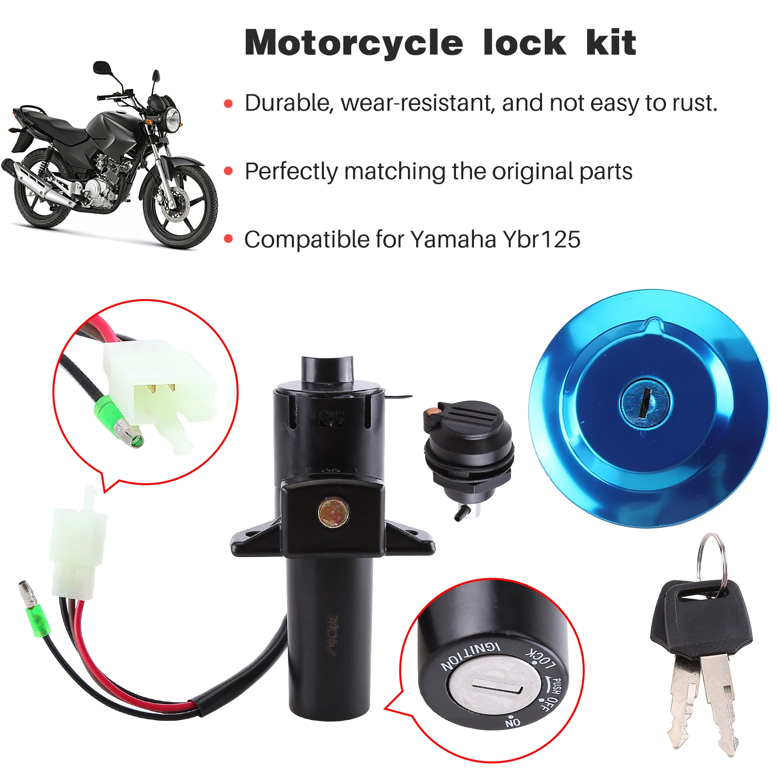 1Set Motorcycle Fuel Tank Cap Lock Kit Set Ignition Lock With Keys Direct For Ybr125 Motorcycle Replacement Accessories Tools