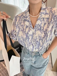 Floral Shirts Blouses Y2k Woman Clothing 2024 Summer Korean Fashion Style New Elegant Crop Top Short Sleeve Luxury Vintage Chic