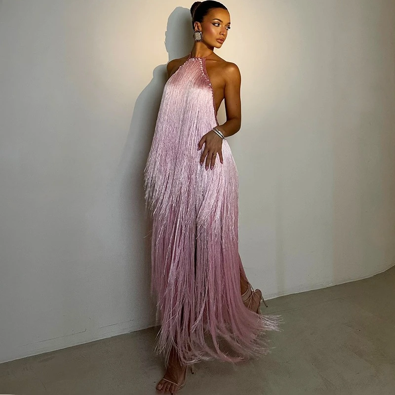 

TARUXY Halter-Neck Backless Fringed Maxi Dress Women Sleeveless Sleeveless Sexy Banquet Evening Gown Summer Party Fashion Dress