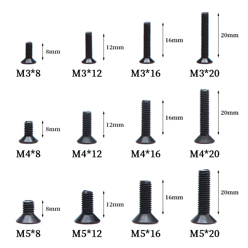 20 قطعة مسامير سداسية من الفولاذ الكربوني الأسود M2/M3/M4/M5 مسامير ألين برأس مسطح بأحجام متنوعة #2