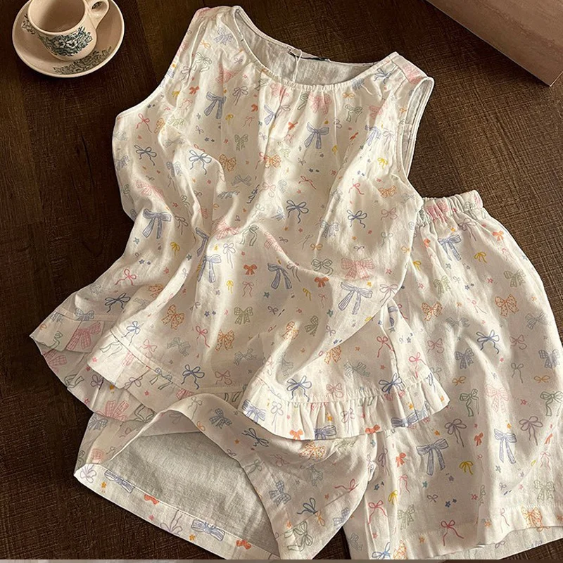 

Women's New Summer Fashion Korean Style Plus Size Colorful Bow Print Sleeveless Pajamas Cute Short Sleeve and Shorts Homewear Se