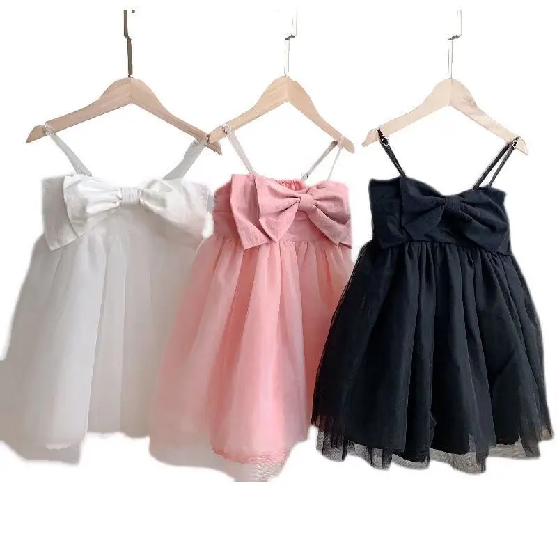 Beach Summer Clothing for Girls Patchwork Big Bow Solid Color Sleeveless Kids Fashion Lace Mesh Slip Midi Princess Dresses