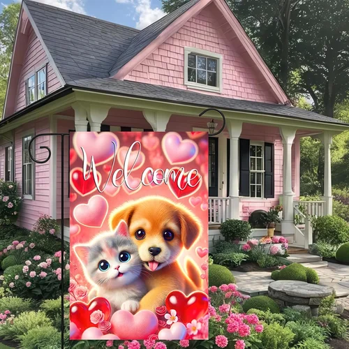 Valentine's Day Garden Flag for Outside 12x18 Inch Romantic Puppy and Kitten Yar JJE DDI GGX