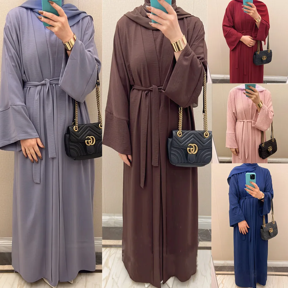 

Two piece set Robe Solid Cardigan Abaya Long belt Dress Fashion Party Evening Women Muslim Kaftan Jalabiya Women's clothing