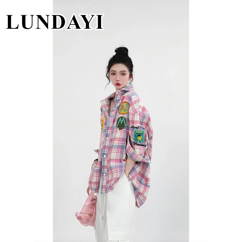 2023 New Arrival Spring Women Loose Fit Turn-down Collar Long Sleeve Blouse Casual Patchwork Plaid Single Breasted Shirts D294