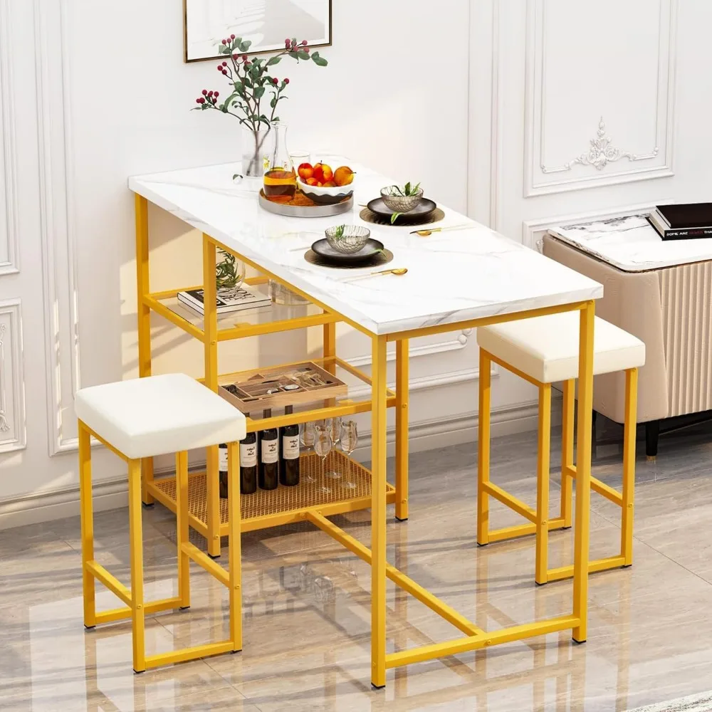 2-person Dining Table Set with Storage Space, Artificial Marble Kitchen Table and Chair Set, Modern Designed Dining Room Set