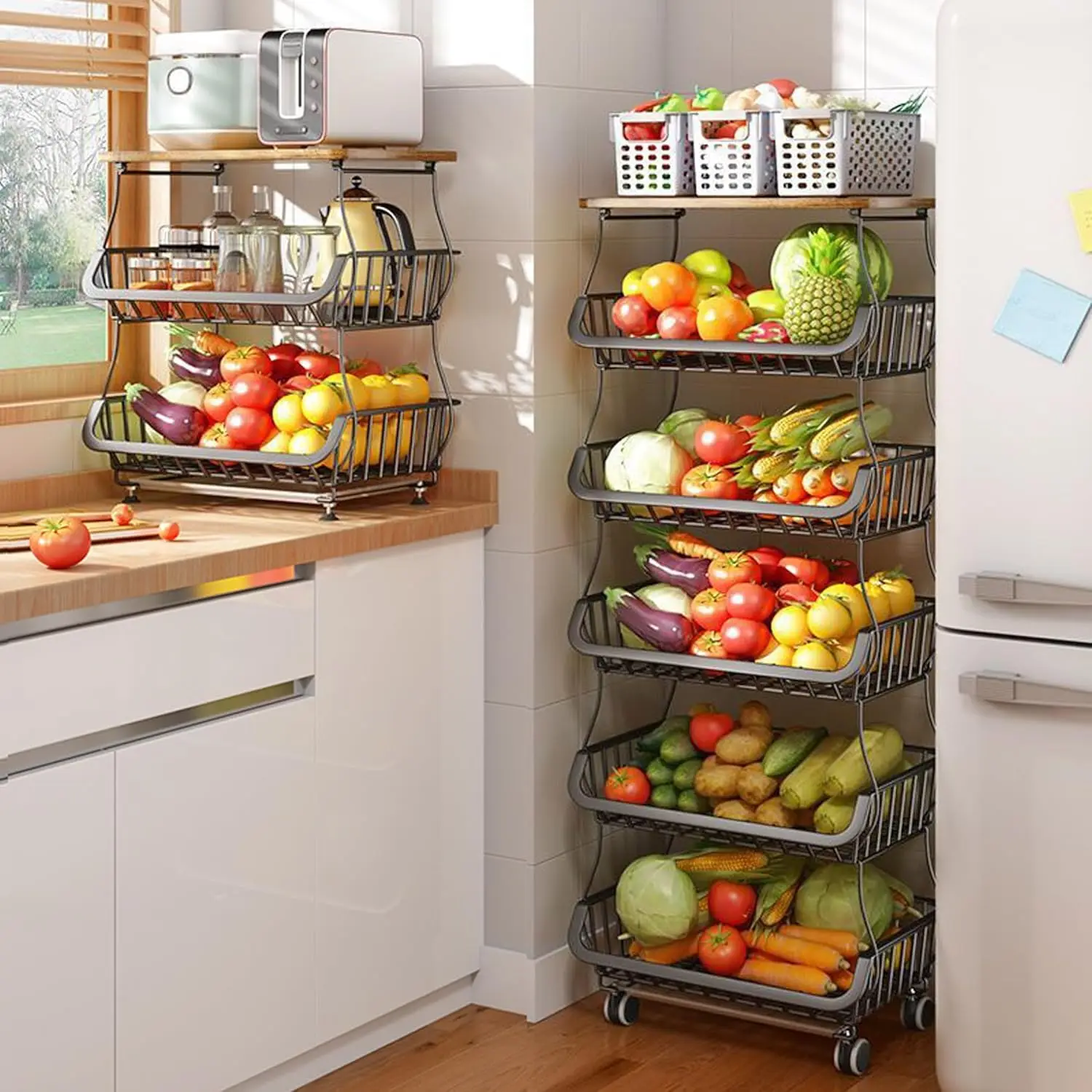 

Metal Storage Baskets with Wheels, Metal Wire Market Basket Storage Organizer Cart Rolling Stackable Storage Bins for Ki