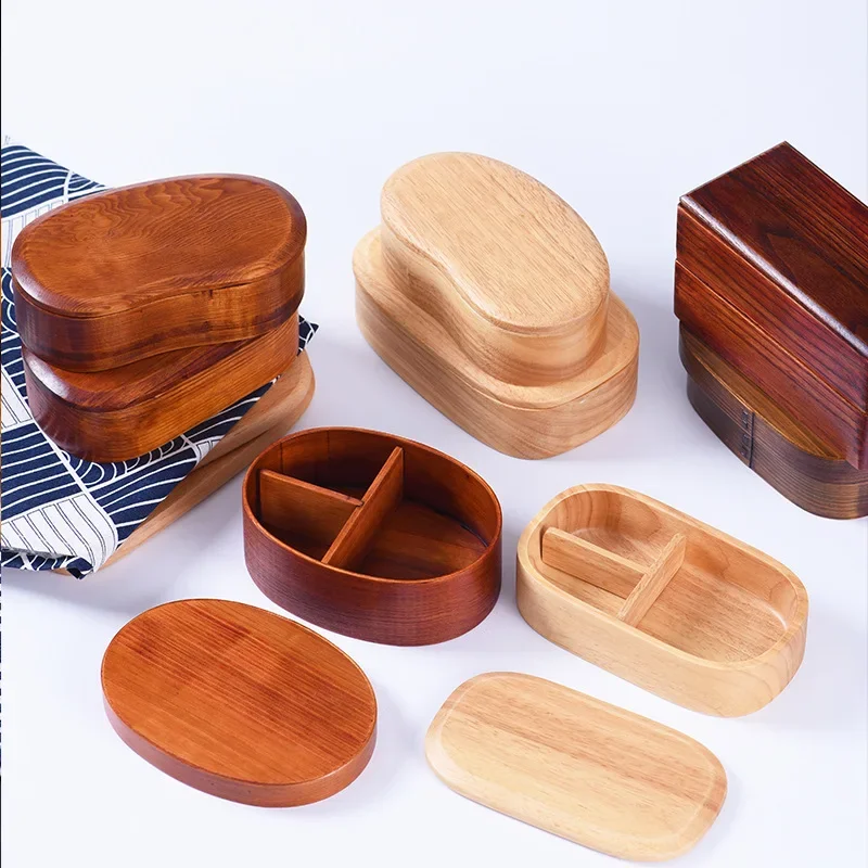 Wooden Lunch Box Picnic  Japanese Bento Box for School Kids Dinnerware Set with Bag&Spoon Fork Chopsticks Round Square Lunch