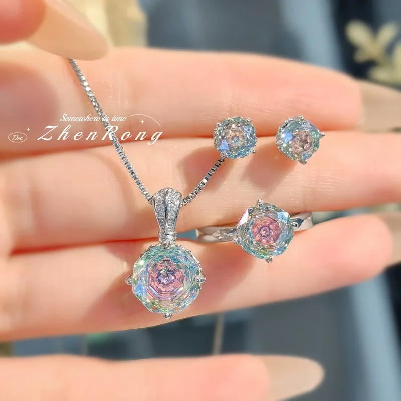 Millennium Rose Necklace Pendant Set, Paired with High-Carat Diamond Shiny Earrings and Pink Diamond Ring - Women's Jewelry Set