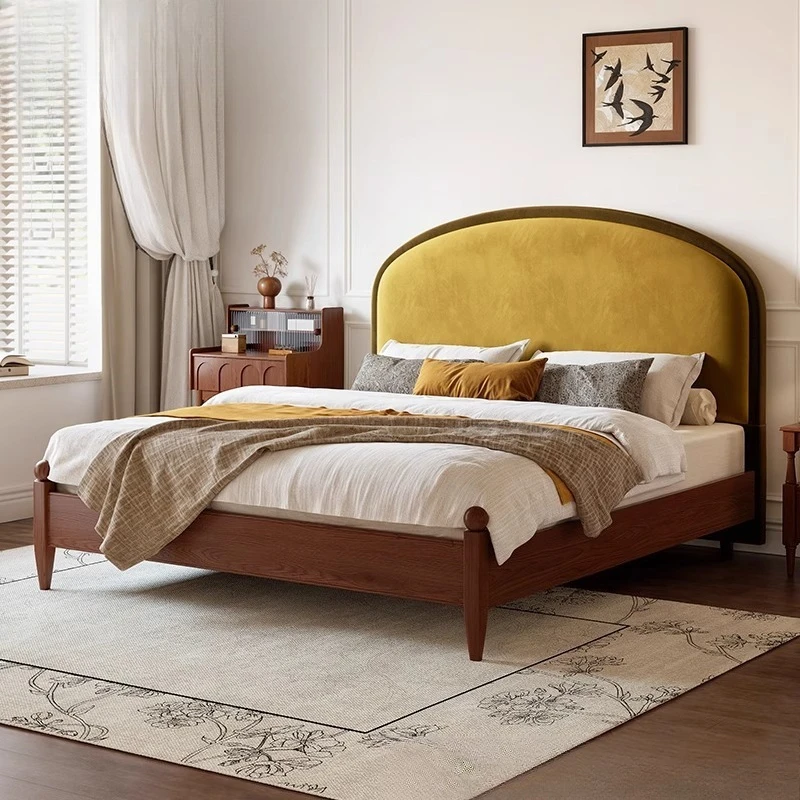 

French retro bed antique master bedroom solid wood bed simple small apartment fabric soft bag double