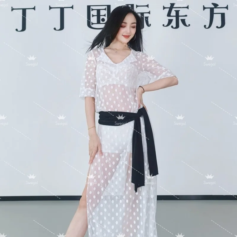 Abito da danza del ventre Swegal personalizzato 2025 Nuovo abito da pratica Abito in maglia a pois bianco Baladi sciolto