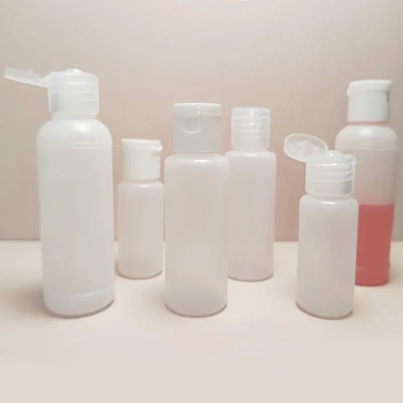 

50pcs 10ml 20ml 30ml 50ml Plastic Squeezable Clamshell Bottles Refillable Travel Containers For Emulsion Cleanser Liquid Shampoo