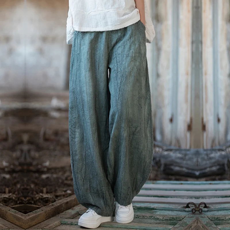 Elegant Women's Cotton Linen Baggy Cargo Pants Vintage Elastic Waist Yoga Trousers Loose Casual Long Wide Leg Oversize Clothes