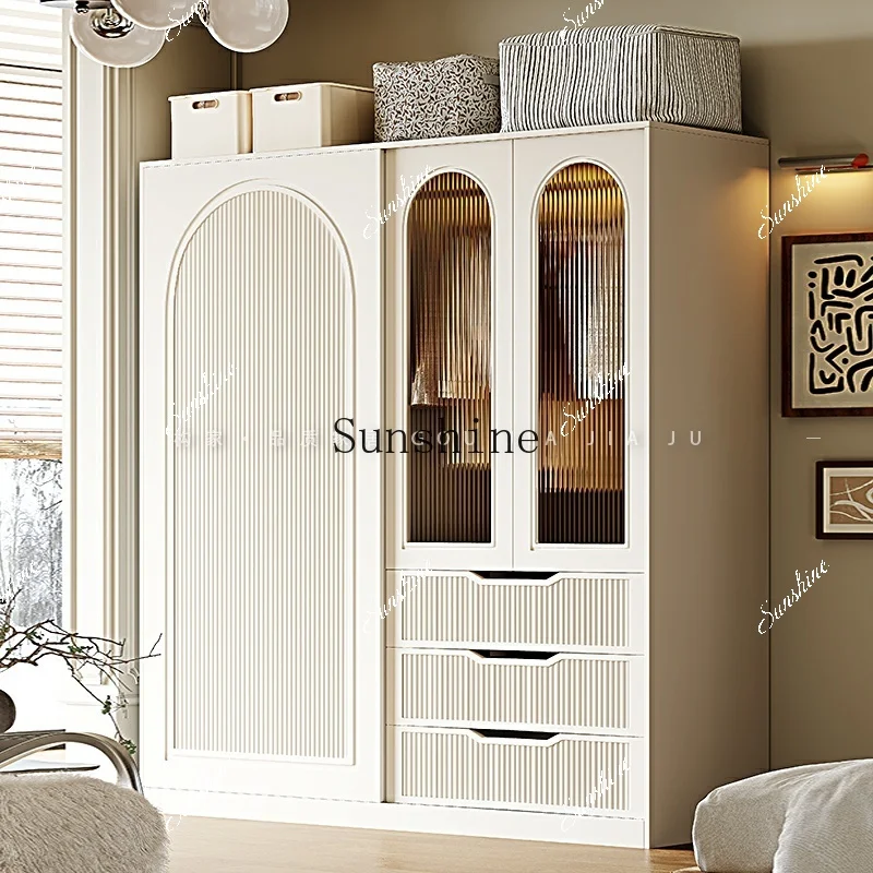 Sliding door wardrobe French retro cream style bedroom wardrobe small apartment dresser integrated storage  FT