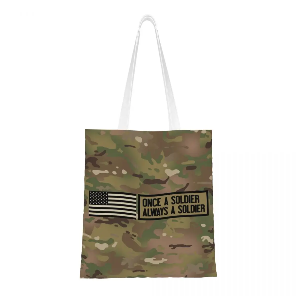 Custom Funny Printing Once A Soldier Always A Soldier Shopping Tote Bags Durable Canvas Shopper Shoulder Camo Handbag