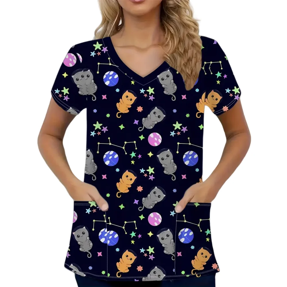 แมวน่ารักพิมพ์ขัดทางการแพทย์ผู้หญิง Microstretch V คอทันตกรรมพยาบาลลําลองเสื้อแขนสั้นสปา Vet ผู้หญิง Medical Uniform