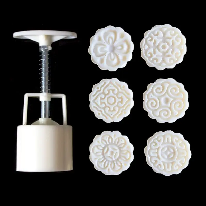 Mooncake Mold 50g 6 Stamps Set Hand Pressure Handmade Flower Impressions Tool