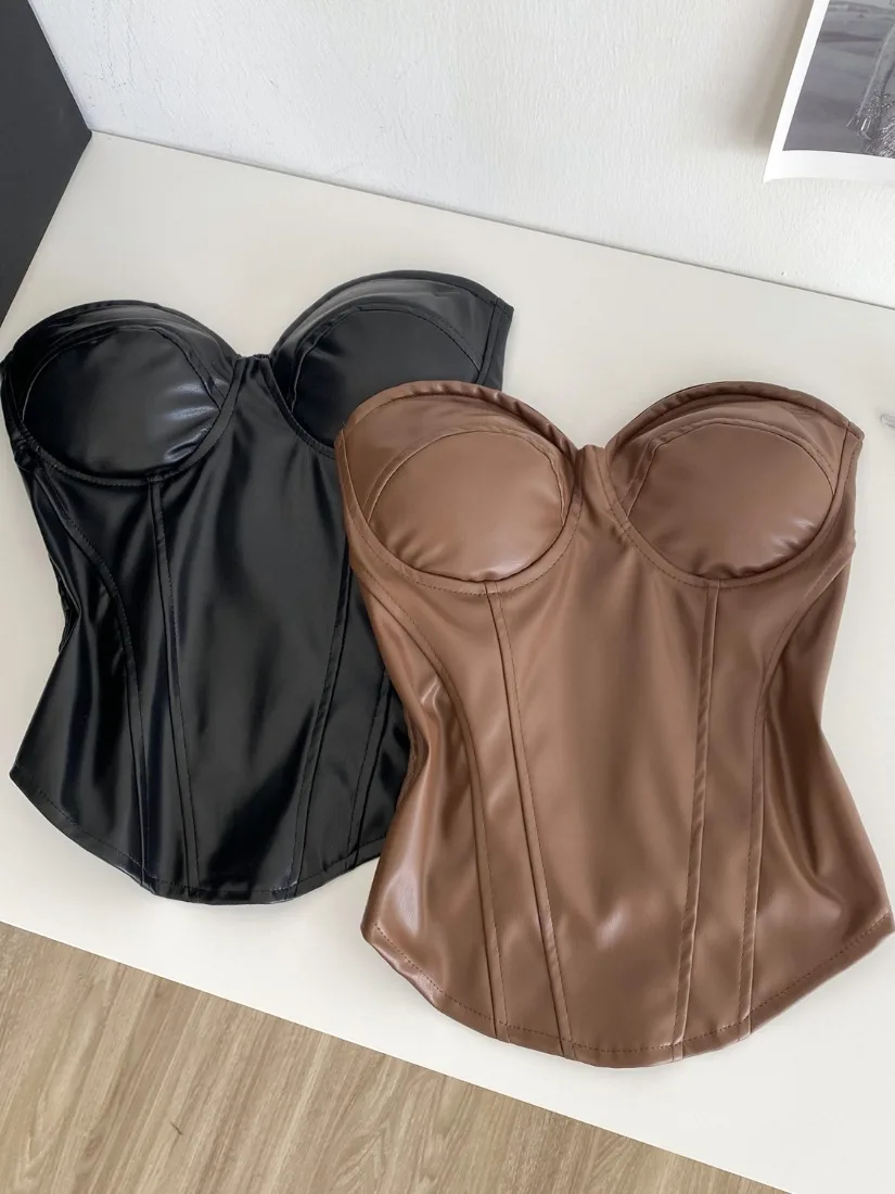

Foamlina Solid Strapless Crop Top for Women New Chic Chest-padded Sleeveless Slim Pleated Elastic Back Club Party Tube Tops