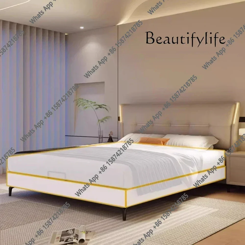 N63 Elegante Cama Queen Size con Luces LED de Alta Resistencia, 180x200, Multifuncional, con Cabecera, Cama Doble Decorativa