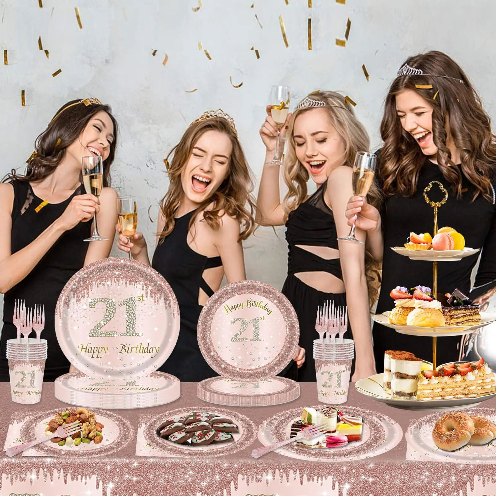 Alles Gute zum 21. Geburtstag, Dekorationen für Sie, Roségold-Teller, Servietten, Tischdecken, Hello 21 Balloon, süßes Partyzubehör zum 21. Geburtstag
