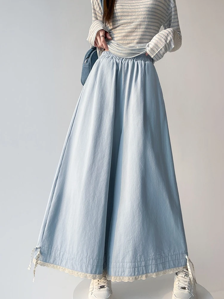 

Lace fungus edge drawstring lace-up nine cropped flower bud pants women summer high waisted elasticity loose wide leg pants