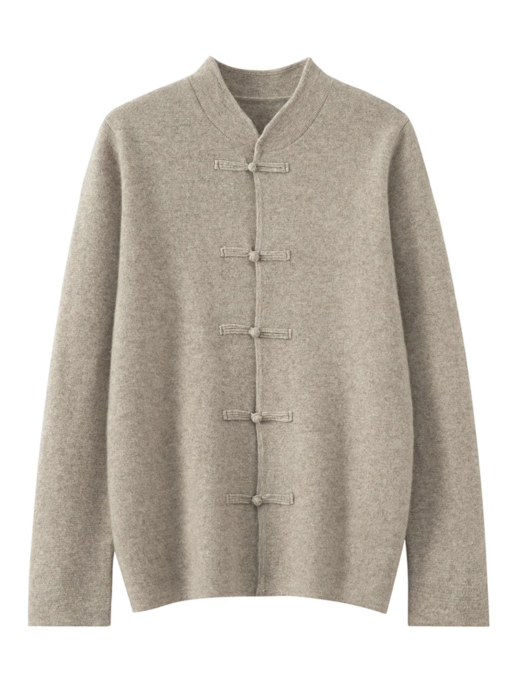 

Luxury Men's 100% Merino Wool Pullover Autumn Winter Knit Coat Long Sleeves Chinese Style Buckle Long Sleeves Solid Color Top
