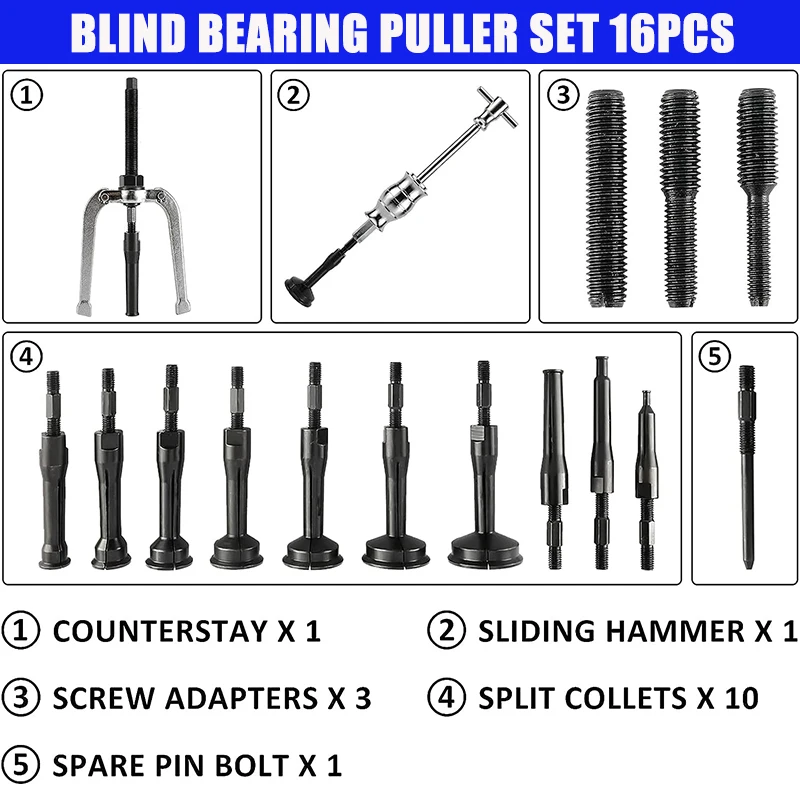 16 pcs Bearing Inner Race and Seal Extractor Kit Blind Hole Collet Puller Set Slide Hammer Pilot Insert Bearing Removal Tool