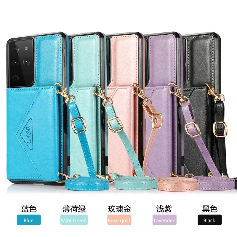 for Samsung S24 Ultra S23 FE S22 S21 S20 Note 20 A54 14 24 34 12 32 52 72 33 53 Case Crossbody Shoulder Strap Holder Wallet Case