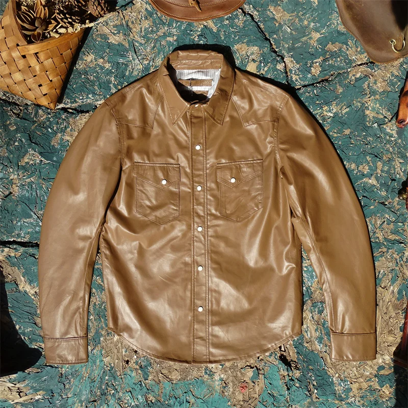 Camisa Ultrafina de Cuero Genuino de Piel de Oveja para Hombre, Estilo Western Americano con Botones de Perla, Moda Primavera, Urbana, Juvenil, Cálida, de Manga Larga