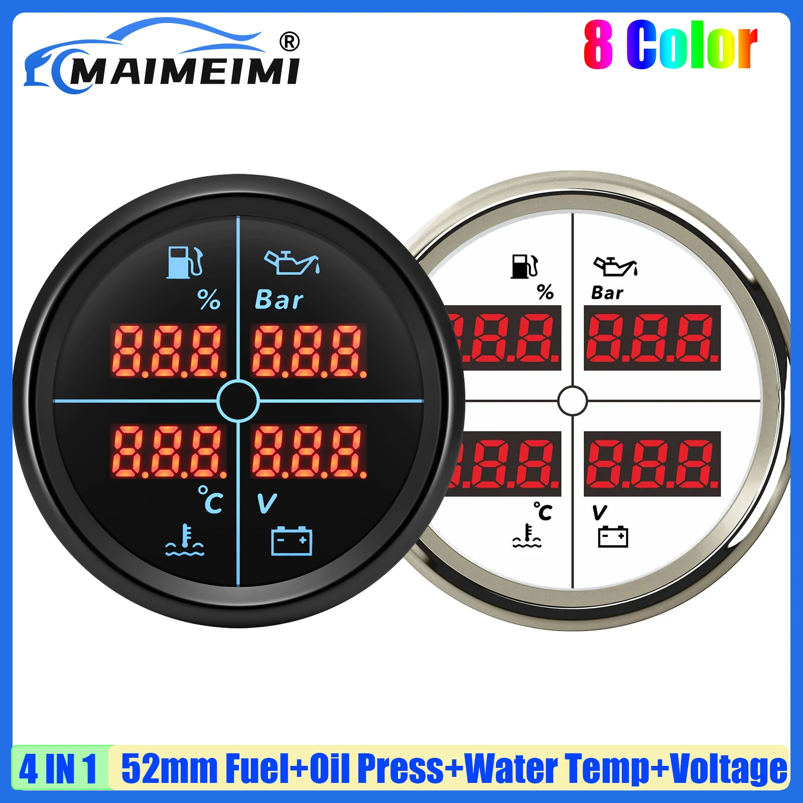 

Universal Car 52MM Gauge Digital 4IN1 Fuel Level Meter+Oil Pressure+Water Temp+Voltage 8 Color LED for Marine Boat Yacht 12V24V