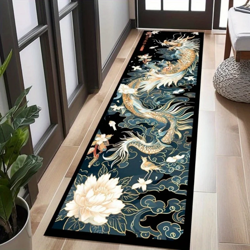 Image of VIKAMA Läufer-Teppich mit chinesischem Drachen- und Lotus-Print, rutschfest, weicher Flur-Teppich für Küche, Schlafzimmer, Wohnzimmer, orientalische Heimdekoration