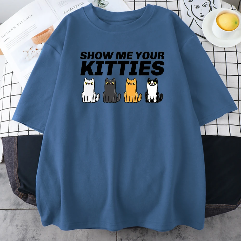 Show Me Your Kitties Printed T-Shirts Women Loose Street Tops Aesthetic Crewneck Clothes Funny Regular Sleeve Women T-Shirts