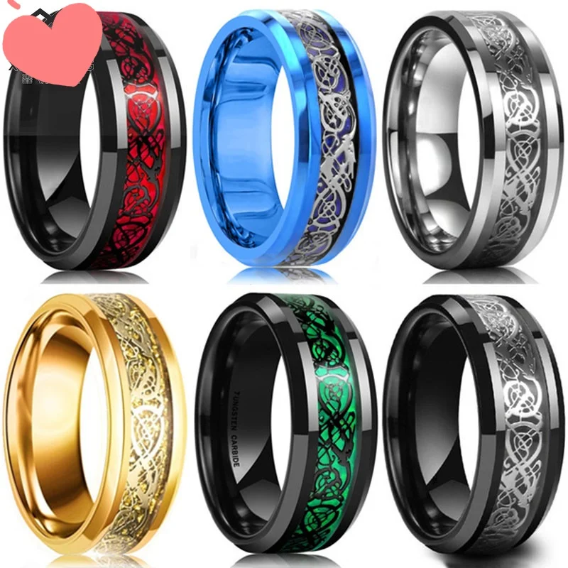 20pcs/Lot Wholesale MIX 8mm Men\'s Stainless Steel Celtic Dragon Ring Inlay Red Green Black Ring Wedding Band Jewelry Size7to11