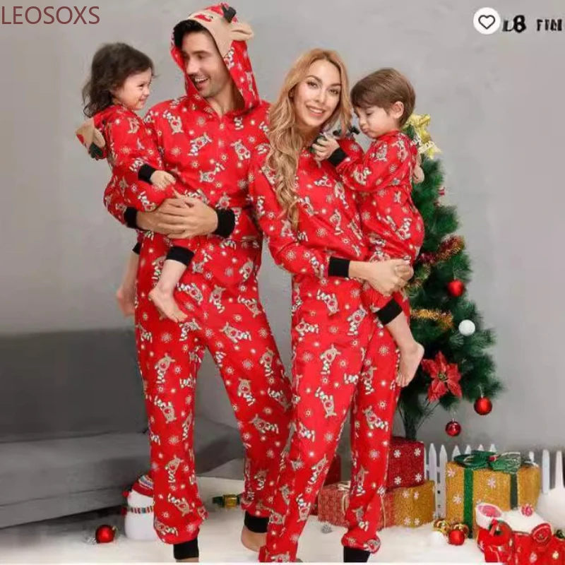 

New Family Christmas Clothes Red Flannel Pajamas Warm Soft Jumpsuit Print Parent-child Matching Outfits Hooded Romper Xmas Look