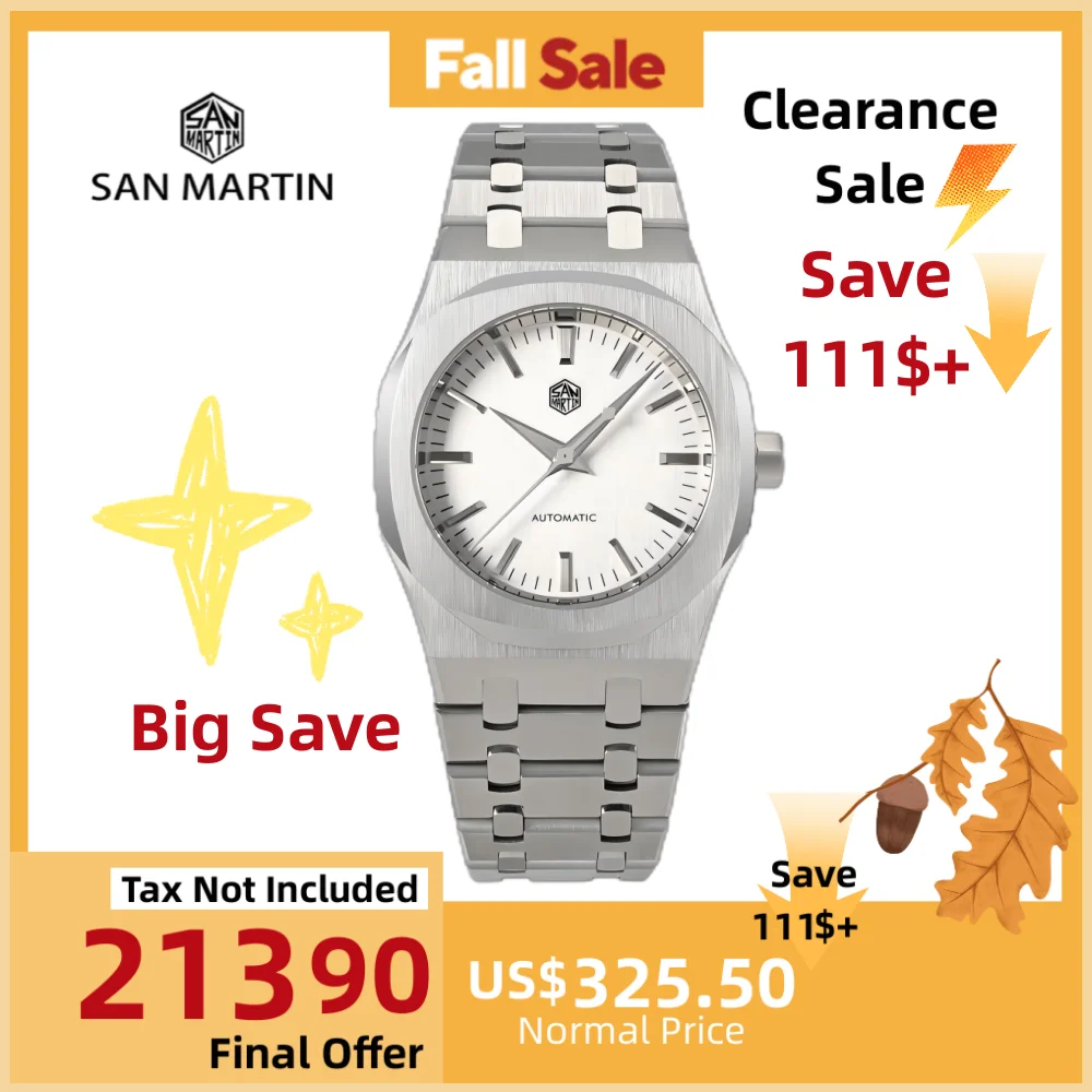 

San Martin Oak 38,5 мм Miyota 9015 Серебряный циферблат Механические часы для мужчин Роскошный сапфировый браслет с автоподзаводом 10 бар Спортивные SN0013