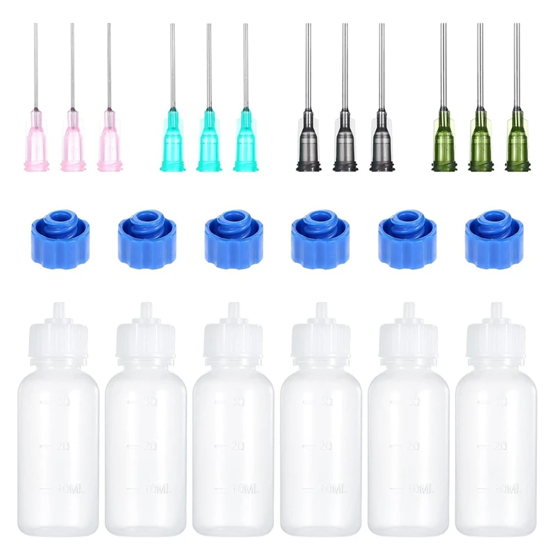 6Pcs Needle Tip Squeeze Bottles, 30Ml Plastic Squeezeable Dropper Bottle, 14Ga 16Ga 18Ga 20Ga Blunt Needle Tips For Glue