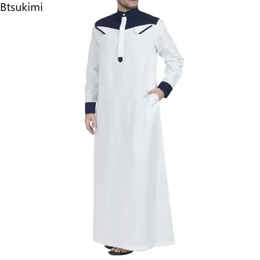 2024 Muslim Thobe Comfortable Men Caftan Long Sleeve Contrast Color Muslim Clothing Mandarin Neck Muslim Robe for Middle East