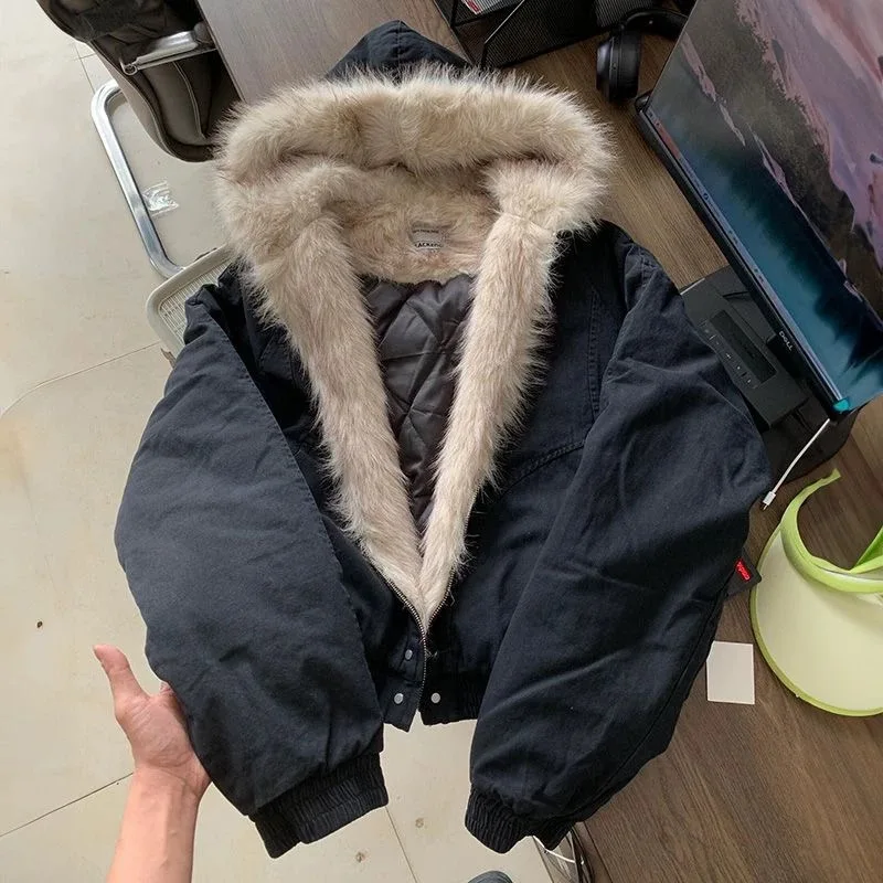 

Winter New Elegant Liner Fur Loose Coat Women Y2k Fur Collar Hood Thick Fashion Parkas Casual Outerwear Cotton Padded Jackets