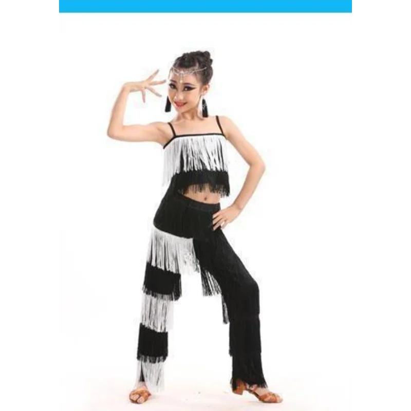 Latin Dance Dresses Ballroom Fringe Tassel Dress Pants Sequin Fringe Salsa Samba Costume Kids Children Girls Height