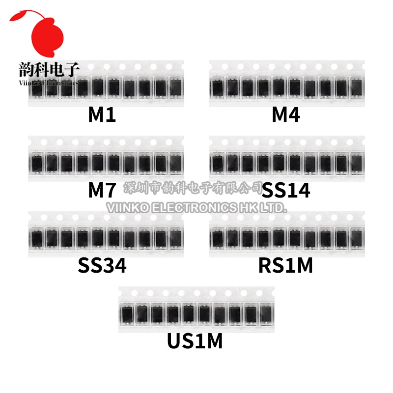 70pcs/lot SMA Diodes Kit 1N4007 M7 1N4001 M1 1N4004 M4 SS14 US1M RS1M SS34 7 Values*10pcs Electronics SMD Schottky Diode Set