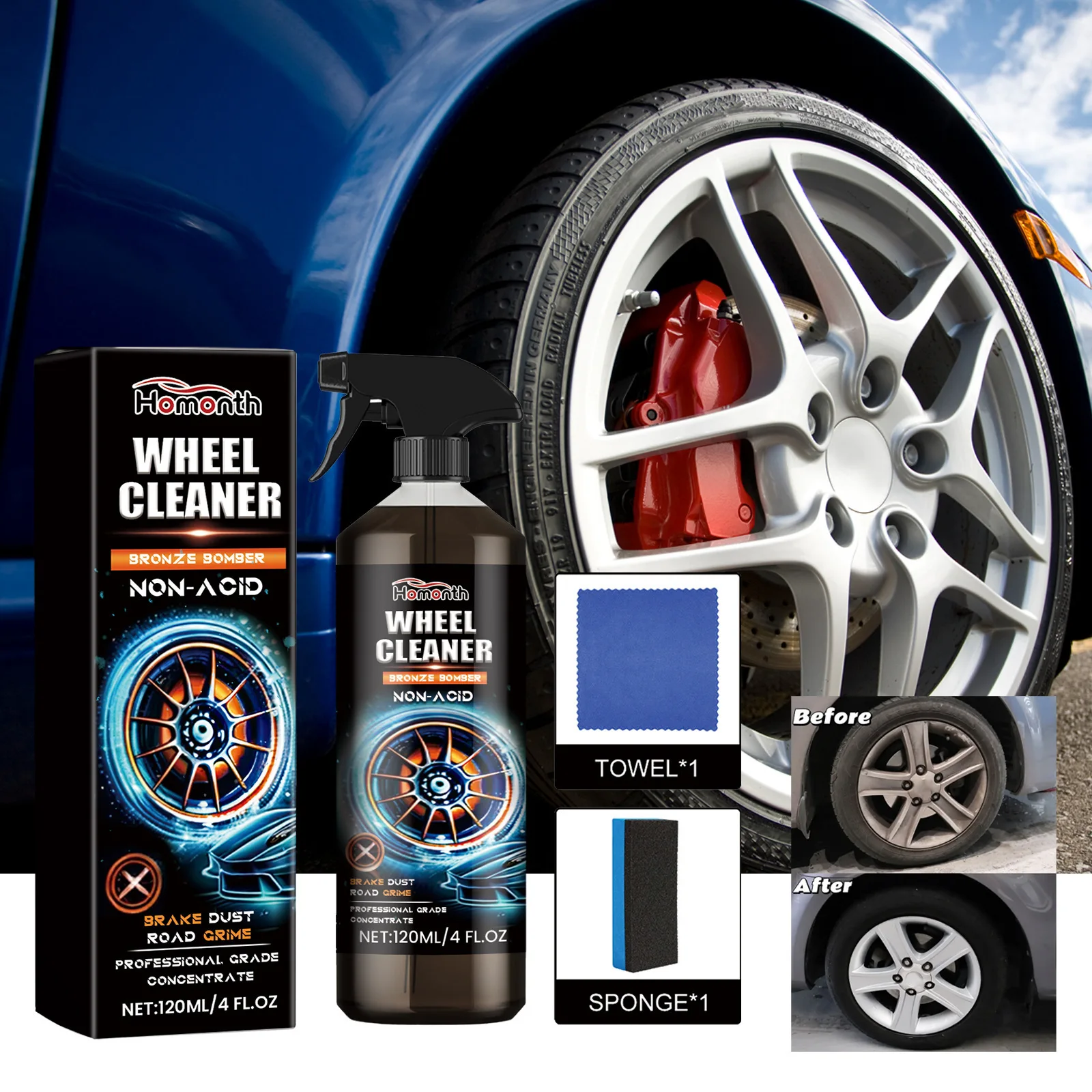 

Wheel & Tire Cleaner Kit - Powerful Rim Cleaning Polish Set, Helps Remove Brake Dust & Restore Shine, Safe for All Wheel Types